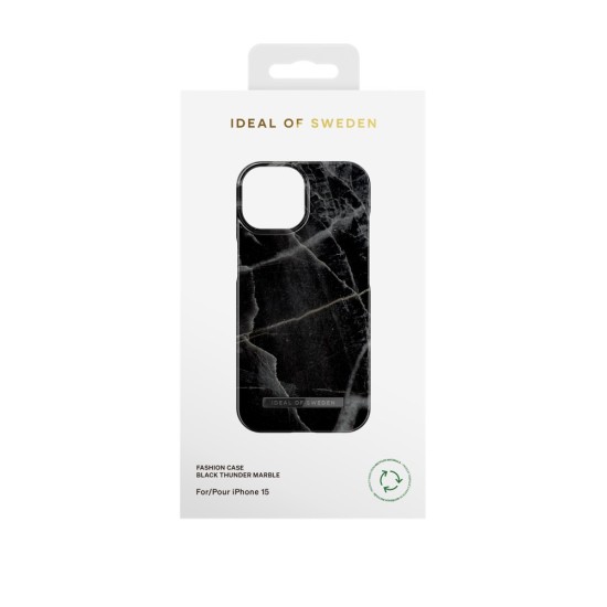 iDeal of Sweden Fashion Back Case priekš Apple iPhone 15 - Black Thunder Marble - plastikāta aizmugures apvalks ar iebūvētu metālisku plāksni / bampers-vāciņš