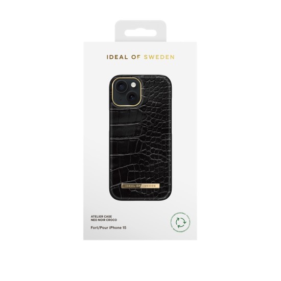 iDeal of Sweden Atelier AW21 Back Case priekš Apple iPhone 15 - Neo Noir Croco - mākslīgās ādas aizmugures apvalks ar iebūvētu metālisku plāksni / bampers-vāciņš