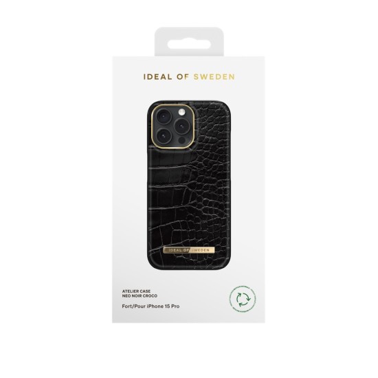 iDeal of Sweden Atelier AW21 Back Case priekš Apple iPhone 15 Pro - Neo Noir Croco - mākslīgās ādas aizmugures apvalks ar iebūvētu metālisku plāksni / bampers-vāciņš