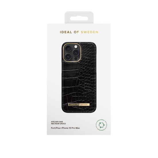 iDeal of Sweden Atelier AW21 Back Case priekš Apple iPhone 15 Pro Max - Neo Noir Croco - mākslīgās ādas aizmugures apvalks ar iebūvētu metālisku plāksni / bampers-vāciņš