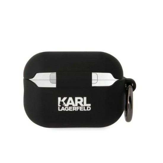 Karl Lagerfeld KLAP2RUNIKK Silicone Karl Head Case priekš Apple Airpods Pro 2 - Melns - silikona apvalks bezvadu austiņu lādēšanas ierīcei ar karabīni