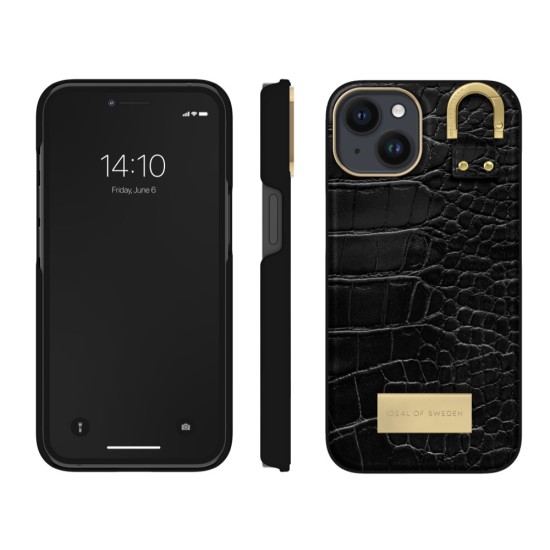 iDeal of Sweden Atelier SS22 Back Case priekš Apple iPhone 14 - Black Croco - mākslīgās ādas aizmugures apvalks ar iebūvētu metālisku plāksni / bampers-vāciņš