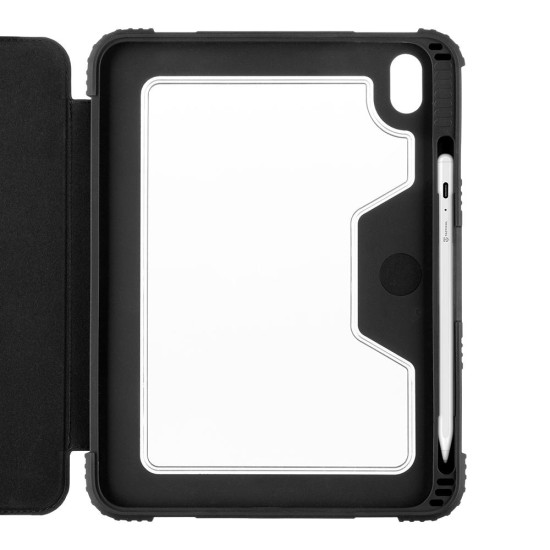 Tactical Heavy Duty Tri-fold Stand PU Book Case with Stylus Pocket priekš Apple iPad 10.9 (2022) - Melns - triecienizturīgs sāniski atverams maciņš ar stendu