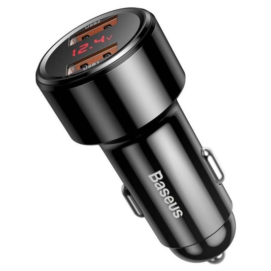 Baseus Digital Display PD / QC 4.0 2xUSB 6A / 45W Car Charger - Melns - USB Auto lādētājs telefoniem un planšetdatoriem