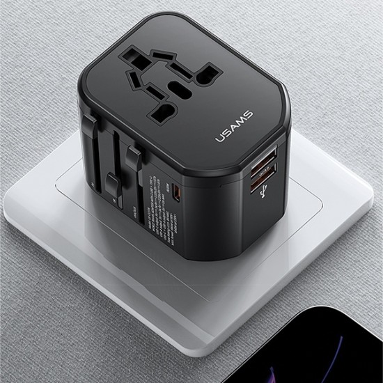 Usams Travel Adapter 20W 2xUSB / Type-C Wall Charger 3A - Melns - Universāls adaptīvs tīkla lādētājs rozetēm visā pasaulē