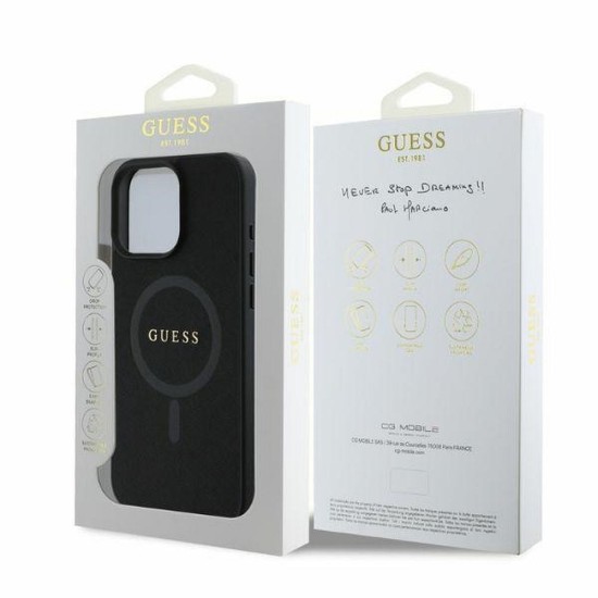 Guess Saffiano Classic Logo Back Case with MagSafe GUHMP16MPSAHMCK priekš Apple iPhone 16 Plus - Melns - mākslīgās ādas aizmugures apvalks / bampers-vāciņš