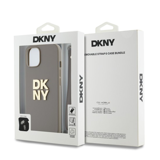 DKNY Stack Logo Wrist Strap Back Case DKHCP14SPBSWSE priekš Apple iPhone 14 - Bēšs - mākslīgās ādas aizmugures apvalks ar auklu / bampers-vāciņš