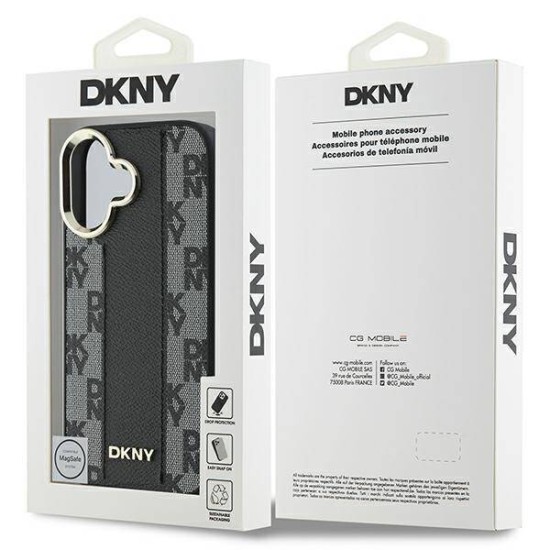 DKNY Checkered Pattern MagSafe Back Case DKHMP16SPCPVSLK priekš Apple iPhone 16 - Melns - mākslīgās ādas aizmugures apvalks ar auklu / bampers-vāciņš