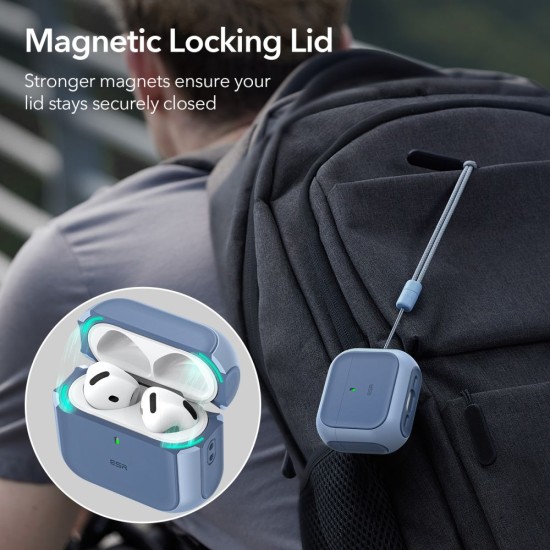 ESR Orbit Halolock MagSafe Case priekš Apple Airpods 4 - Zils - triecieniztrurīgs silikona-plastikāta apvalks bezvadu austiņu lādēšanas ierīcei ar auklu