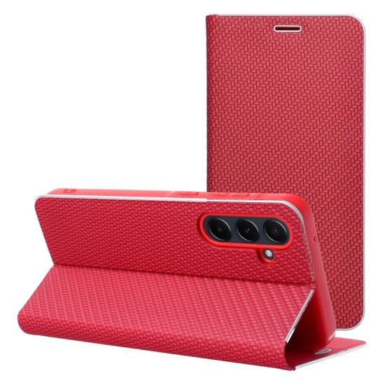 Luna Carbon Book Case priekš Xiaomi Redmi Note 14 Pro / Note 14 Pro+ / Poco X7 - Sarkans - sāniski atverams maciņš ar stendu / grāmatveida maks