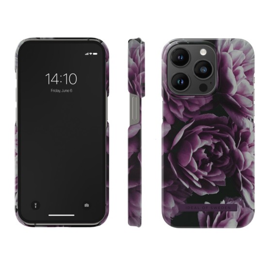 iDeal of Sweden Fashion Back Case priekš Apple iPhone 14 Pro - Deep Purple Bloom - plastikāta aizmugures apvalks ar iebūvētu metālisku plāksni / bampers-vāciņš