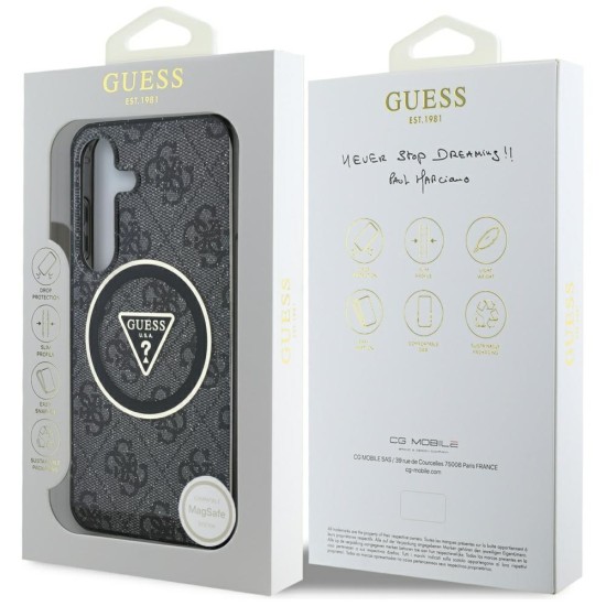 Guess 4G Glitter and Triangle Logo Collection MagSafe Back Case GUHMS25SHG4PRTGK priekš Samsung Galaxy S25 5G S931 - Melns - mākslīgās ādas aizmugures apvalks / bampers-vāciņš