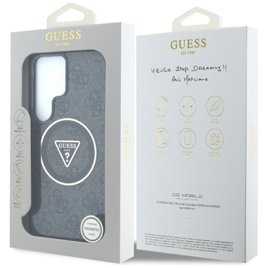 Guess 4G Glitter and Triangle Logo Collection MagSafe Back Case GUHMS25LHG4PRTGK priekš Samsung Galaxy S25 Ultra 5G S938 - Melns - mākslīgās ādas aizmugures apvalks / bampers-vāciņš