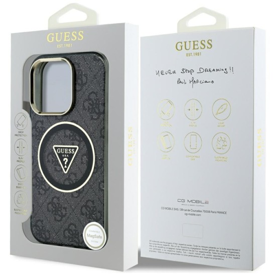 Guess 4G Glitter and Triangle Logo Collection MagSafe Back Case GUHMP16XHG4PRTGK priekš Apple iPhone 16 Pro Max - Melns - mākslīgās ādas aizmugures apvalks / bampers-vāciņš