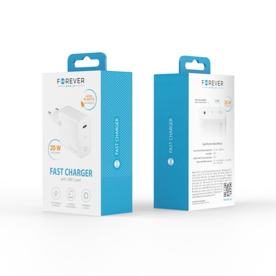 Forever 20W PD / QC Type-C Travel Charger - Balts - Ātrs USB-C tīkla lādētājs