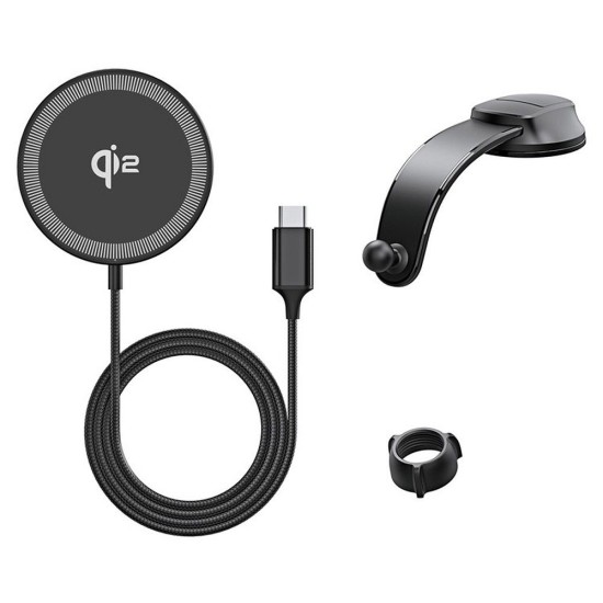 Duzzona V4 Dashboard Phone Holder with Magnetic Wireless Charger 15W (Compatible with MagSafe and Qi2 charging) - Melns - Stiprinājums turētājs auto paneļa ar iebūvētu bezvadu lādētāju
