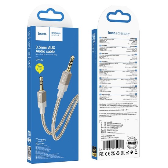 Hoco UPA32 3.5mm Male to 3.5mm Male Stereo Aux Audio cable (length: 1M) - Zelts - audio vads kabelis