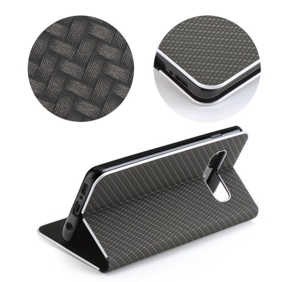 Luna Carbon Book Case priekš Samsung Galaxy A17 4G A175 / A17 5G A176 - Melns - sāniski atverams maciņš ar stendu / grāmatveida maks