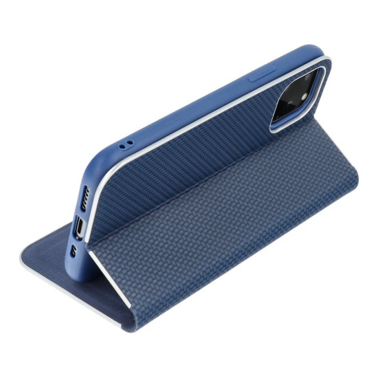 Luna Carbon Book Case priekš Samsung Galaxy A17 4G A175 / A17 5G A176 - Zils - sāniski atverams maciņš ar stendu / grāmatveida maks