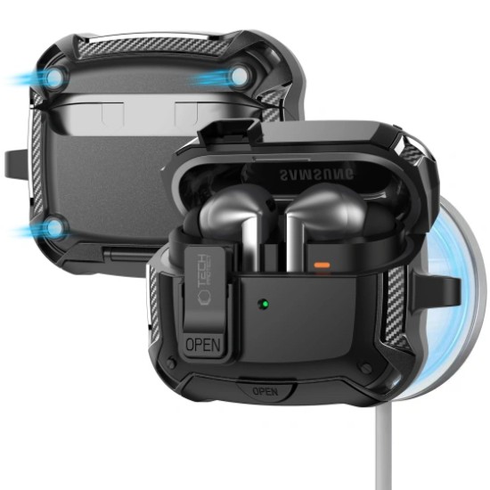 Tech-Protect Carbonox MagSafe Case priekš Samsung Galaxy Buds 3 / Buds 3 Pro - Melns - silikona-plastikāta apvalks bezvadu austiņu lādēšanas ierīcei ar karabīni