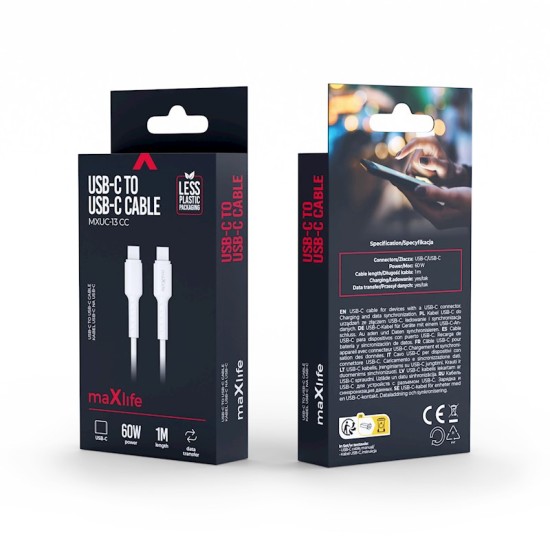 Maxlife 1M USB Type-C to Type-C 60W cable - Balts - USB-C lādēšanas un datu kabelis / vads
