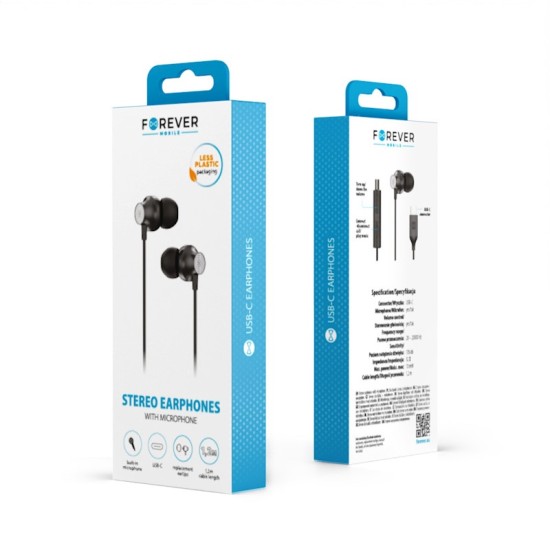 Forever EP-02 Wired Stereo Earphones with Remote and Mic USB Type-C - Melnas - Universālas USB-C stereo austiņas ar mikrofonu un pulti