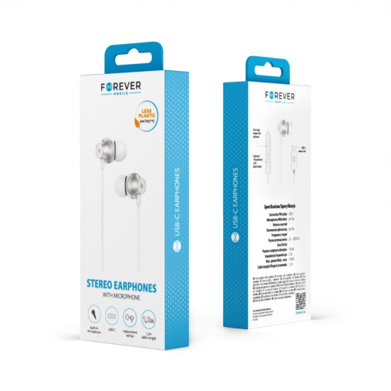 Forever EP-02 Wired Stereo Earphones with Remote and Mic USB Type-C - Baltas - Universālas USB-C stereo austiņas ar mikrofonu un pulti