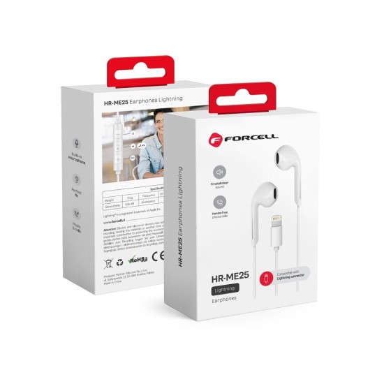 Forcell HR-ME25 Wired Stereo Earphones with Remote and Mic Lightning - Baltas - Universālas Lightning stereo austiņas ar mikrofonu un pulti