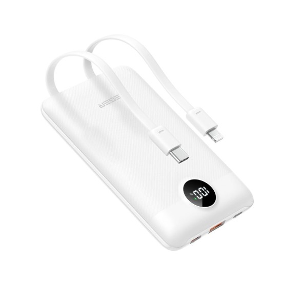Veger 10000mAh QC 3.0 / PD 22.5W Power Bank with USB-C / Ligtning cable and LED display - Balts - Ārējas uzlādes batereja lādētājs-akumulators (Power Bank)