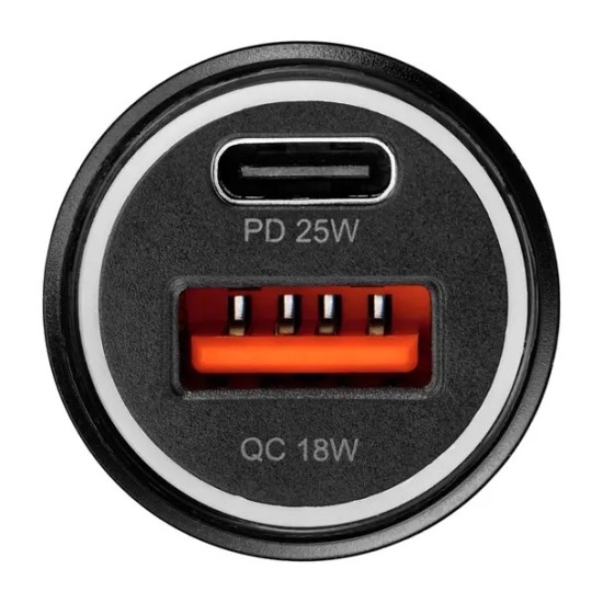 BlueStar Car Charger Type-C / USB ports QC 3.0 / PD 25W AFC PPS with Type-C to Type-C Cable - Melns - USB un Type-C ātrs auto lādētājs telefoniem un planšetdatoriem