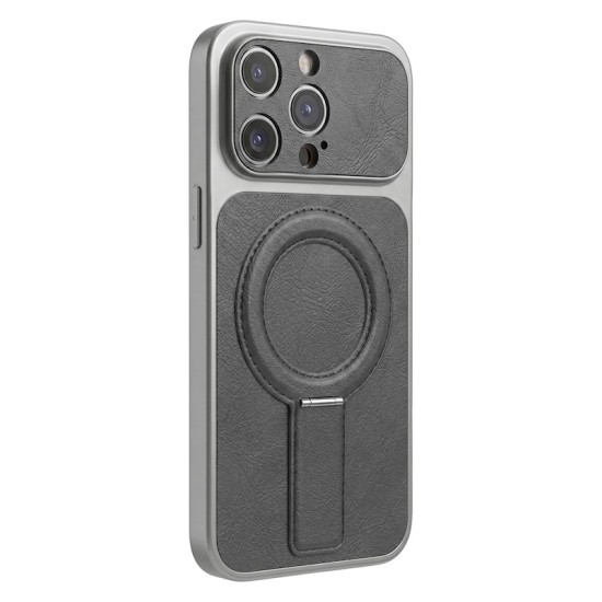 Luxgrip MagSafe Back Case with Stand priekš Apple iPhone 12 - Pelēks - mākslīgās ādas aizmugures apvalks ar statīvu