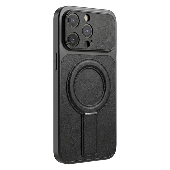 Luxgrip MagSafe Back Case with Stand priekš Apple iPhone 13 - Melns - mākslīgās ādas aizmugures apvalks ar statīvu