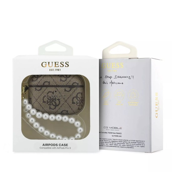 Guess GUAP3P4E4PSW PU 4G Classic Logo Pearl Strap Collection Case priekš Apple Airpods Pro 3 - Brūns - mākslīgās ādas apvalks bezvadu austiņu lādēšanas ierīcei