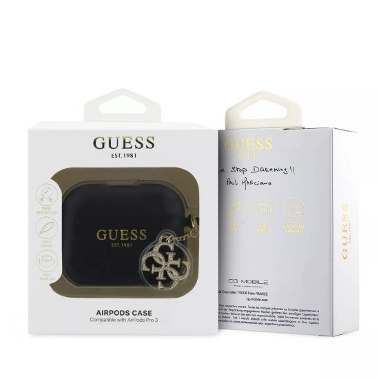 Guess GUAP3LECG4K Silicone Charm 4G Collection Case priekš Apple Airpods Pro 3 - Melns - silikona apvalks bezvadu austiņu lādēšanas ierīcei