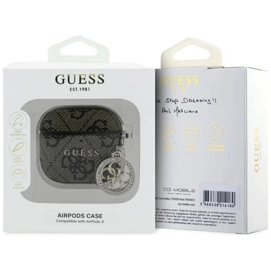 Guess GUA4P4E4CDW 4G Script PC/PU Charm Collection Case priekš Apple Airpods 4 - Brūns - mākslīgās ādas apvalks bezvadu austiņu lādēšanas ierīcei