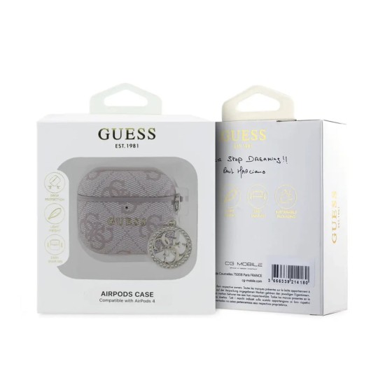 Guess GUA4P4E4CDP 4G Script PC/PU Charm Collection Case priekš Apple Airpods 4 - Rozā - mākslīgās ādas apvalks bezvadu austiņu lādēšanas ierīcei