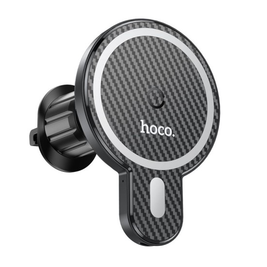 Hoco 15W Wireles QI Charger Air Vent Car Holder with MagSafe - Melns - Auto turētājs ventilācijas režģa ar iebūvētu bezvadu lādētāju