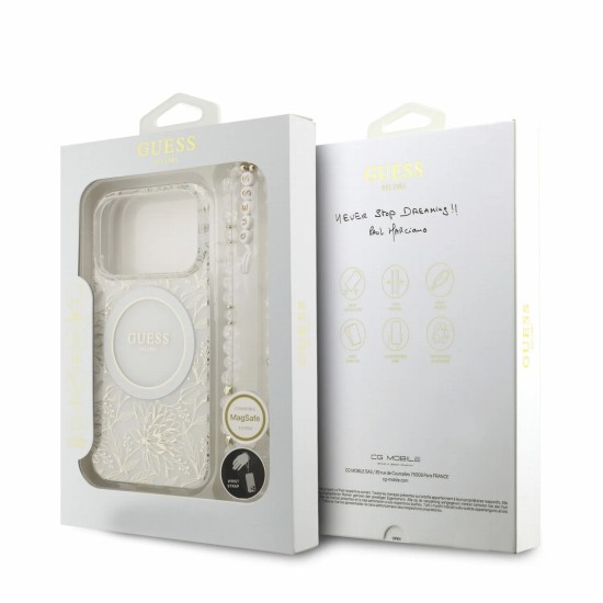 Guess IML Flowers Allover Strap MagSafe Collection Back Case GUHMP18LHCPOFPH priekš Apple iPhone 17 Pro / 18 Pro - Balts - silkona-plastikāta aizmugures apvalks ar auklu / bampers-vāciņš