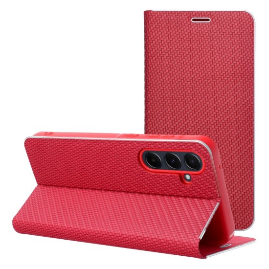 Luna Carbon Book Case priekš Samsung Galaxy A57 5G A576 - Sarkans - sāniski atverams maciņš ar stendu / grāmatveida maks