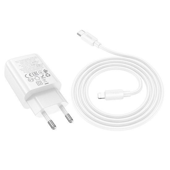 Hoco Travel charger USB / Type-C 3A QC 4.0 / PD 20W with Type-C to Lightning Cable - Balts - Ātrs tīkla lādētājs ar Type-C uz Lightning vadu