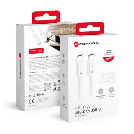 Forcell F-Energy 0.5M QC 4.0 / PD 60W / 3A Type-C to Type-C cable - Balts - USB-C lādēšanas un datu kabelis / vads