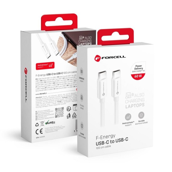 Forcell F-Energy 1M QC 4.0 / PD 60W / 3A Type-C to Type-C cable - Balts - USB-C lādēšanas un datu kabelis / vads