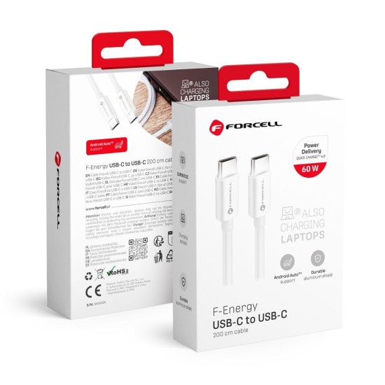 Forcell F-Energy 2M QC 4.0 / PD 60W / 3A Type-C to Type-C cable - Balts - USB-C lādēšanas un datu kabelis / vads