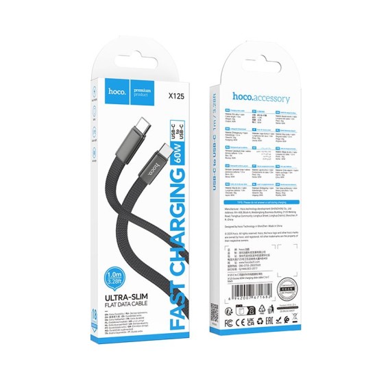 Hoco 1M 3A QC 3.0 / PD 60W Type-C to Type-C cable - Melns - USB-C lādēšanas un datu kabelis / vads