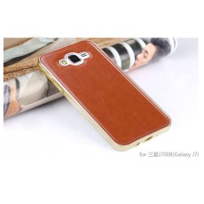 Mofi Aluminium alloy back case priekš Samsung Galaxy J7 J700 - Brūns - alumīnija / ādas aizmugures apvalks (bampers, vāciņš, slim cover, bumper)