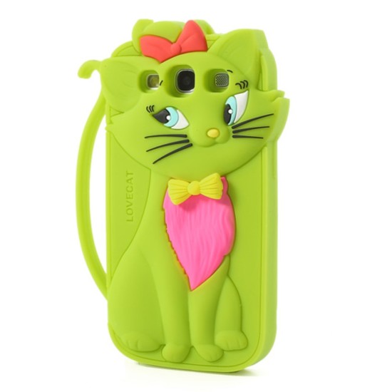 Green Cute 3D Bow Tie Cat Silicone Back Case for Samsung Galaxy S3 i9300 / i9305 / S3 Neo i9301 - silikona aizmugures apvalks (bampers, vāciņš, slim TPU silicone case cover, bumper)