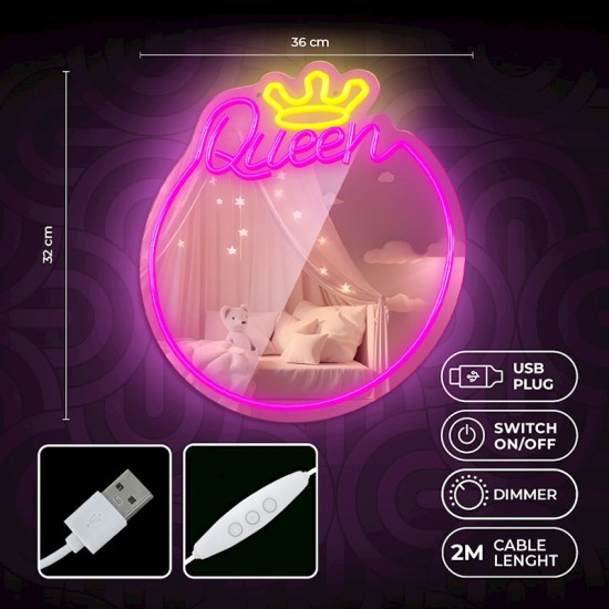 Forever Decorative Mirror Neon LED Light 36 x 32 x 2 cm (USB Plug) - Queen - Dekoratīva neona LED lampa ar spoguli