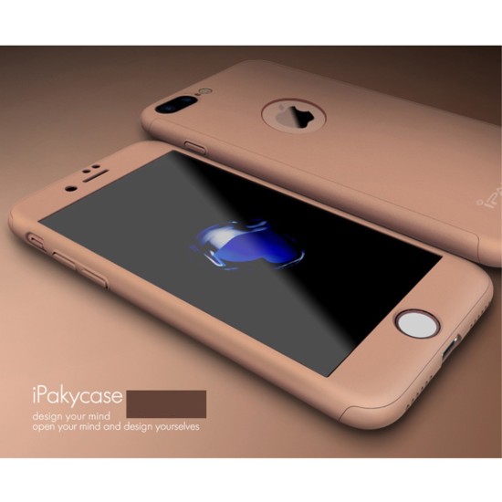 IPAKY Full Protection Hard Cover with Glass (Logo Cutout) priekš Apple iPhone 7 Plus - Rozā Zelts - plastikas aizmugures apvalks ar aizsardzības stiklu (bampers, vāciņš, PU back cover, bumper shell)