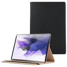 360 Rotary Litchi Skin Leather Cover w/ Stand priekš Samsung Galaxy Tab S7 FE T733 / T736 - Melns - sāniski atverams maciņš ar stendu