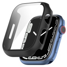 2in1 Scratch Resistanat Hard PC Case with Tempered Glass priekš Apple Watch 7 / 8 / 9 (41mm) - Melns - plastikāta apvalks viedpulksteņiem ar aizsargstiklu